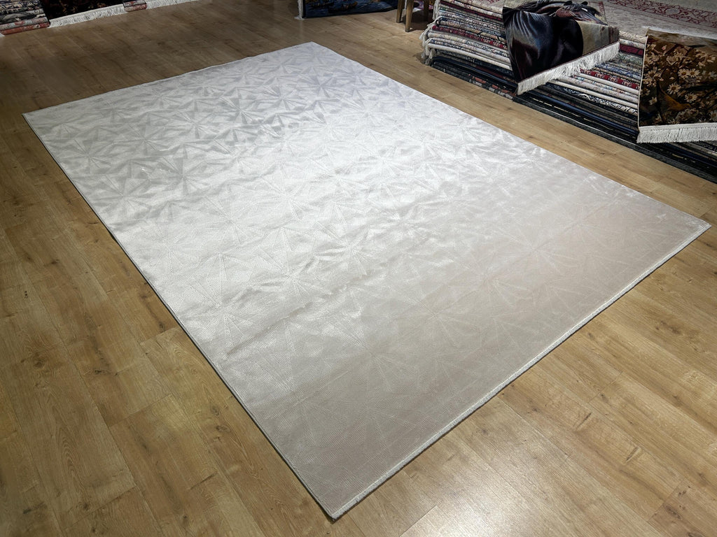 7x10 ft Ivory Cream Bamboo Rug, Geometric Striped Modern Area Rug