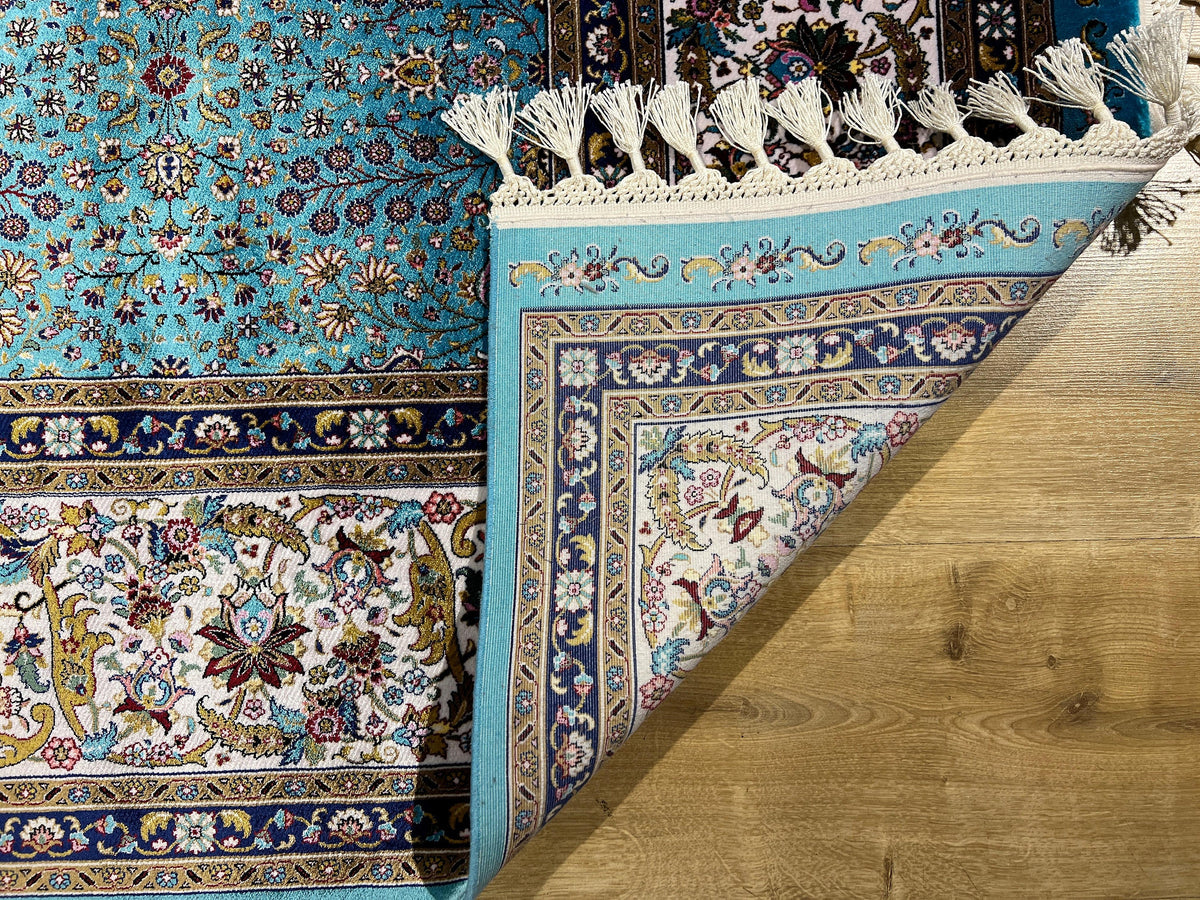 Blue Silk Rug, Floral Border Design, Turkish Style Carpet, Luxury Rug