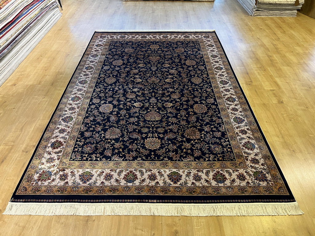 7x10 ft Navy Blue Silk Rug, Traditional Floral Carpet