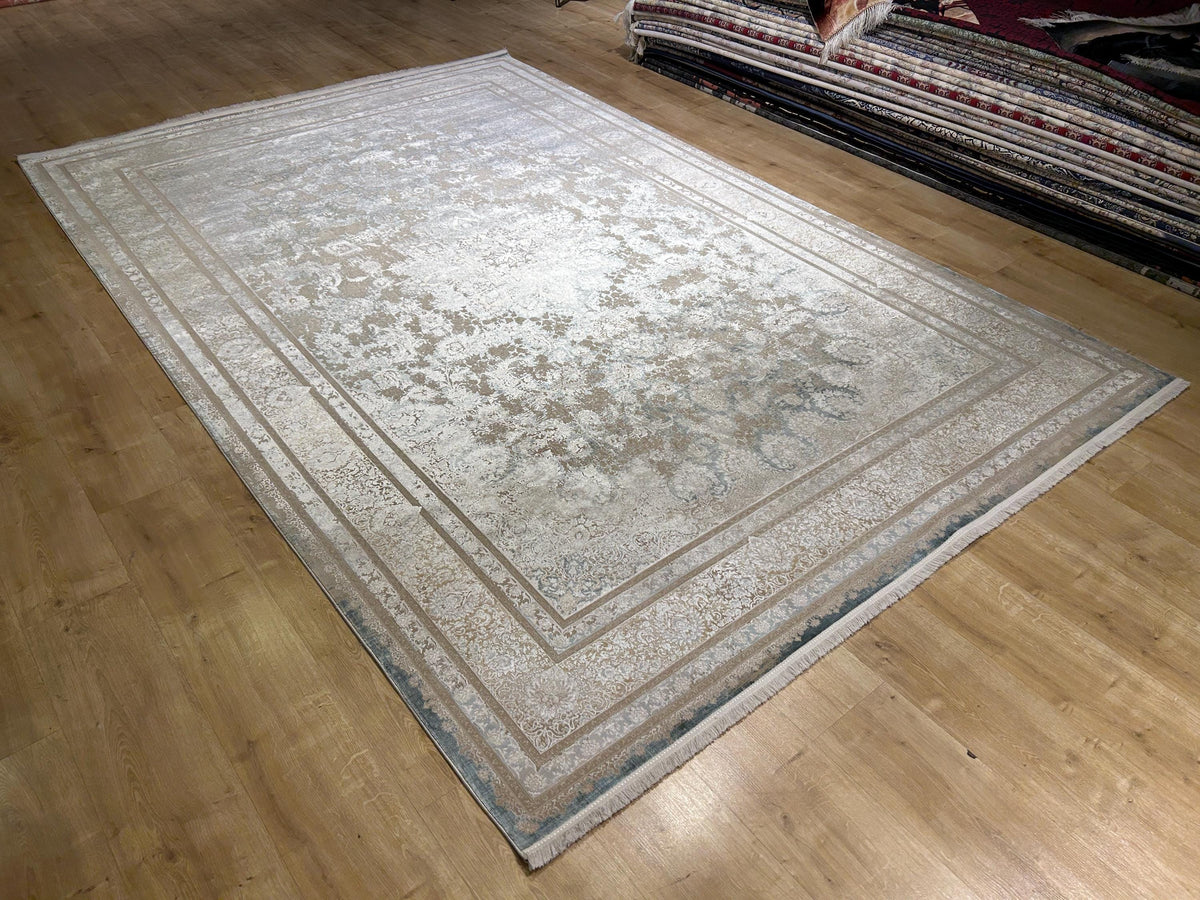 Beige Blue Silk Rug, Distressed Pattern Medallion Design, Classic Silk Carpet
