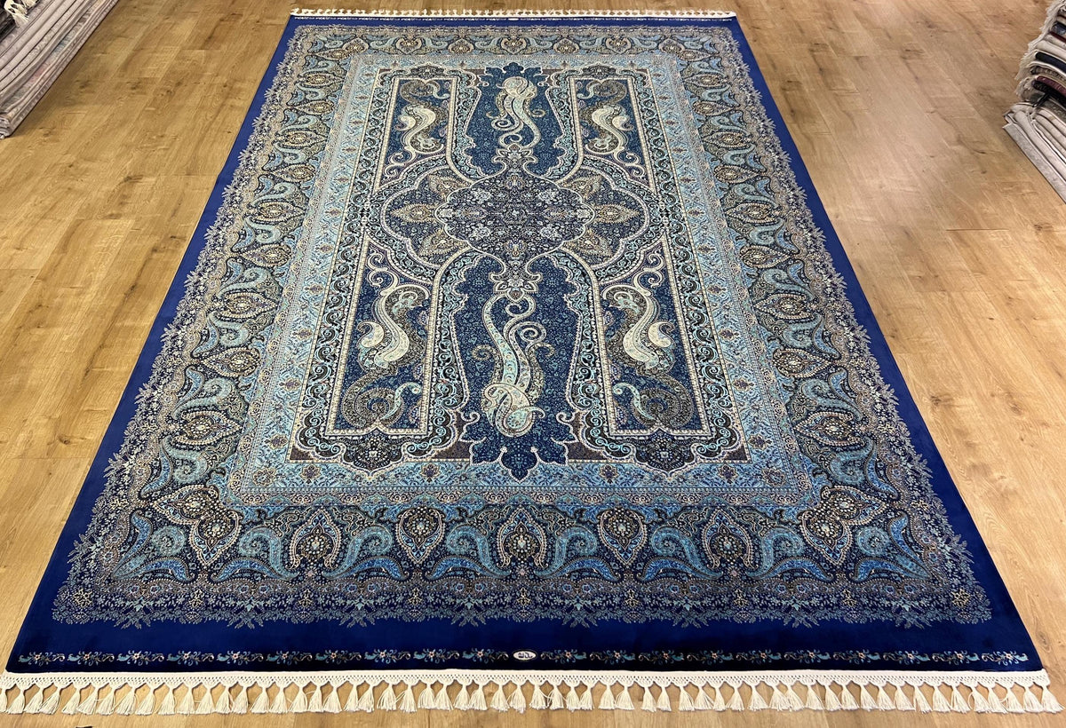 Navy Blue Classic Medallion Design Silk Rug, Traditional Turkish Style