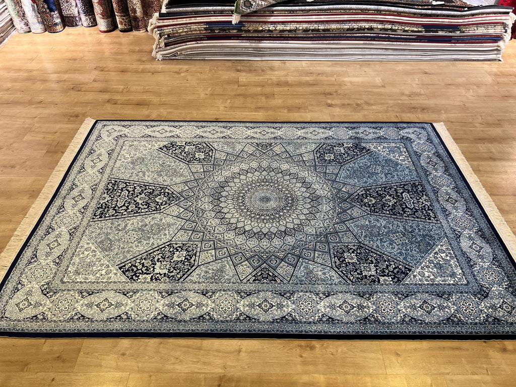 5x8 Silk Rug, Navy Blue White Medallion, Classic Turkish Style, Luxury Carpet