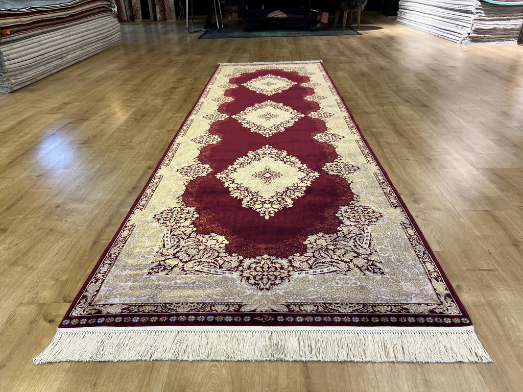 Red Gold Medallion Silk Rug, Turkish Carpet, 3x10 ft