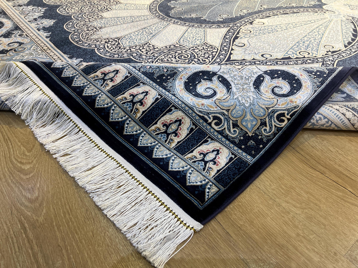 7x10 ft Navy Blue Silk Rug, Classic Ornamental Pattern, Turkish Silk Rug