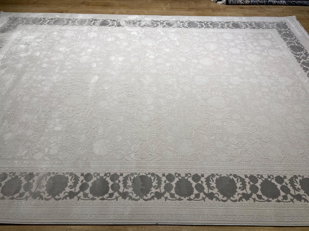 Ivory Floral Pattern Rug, Grey Border Carpet, Turkish Home Decor