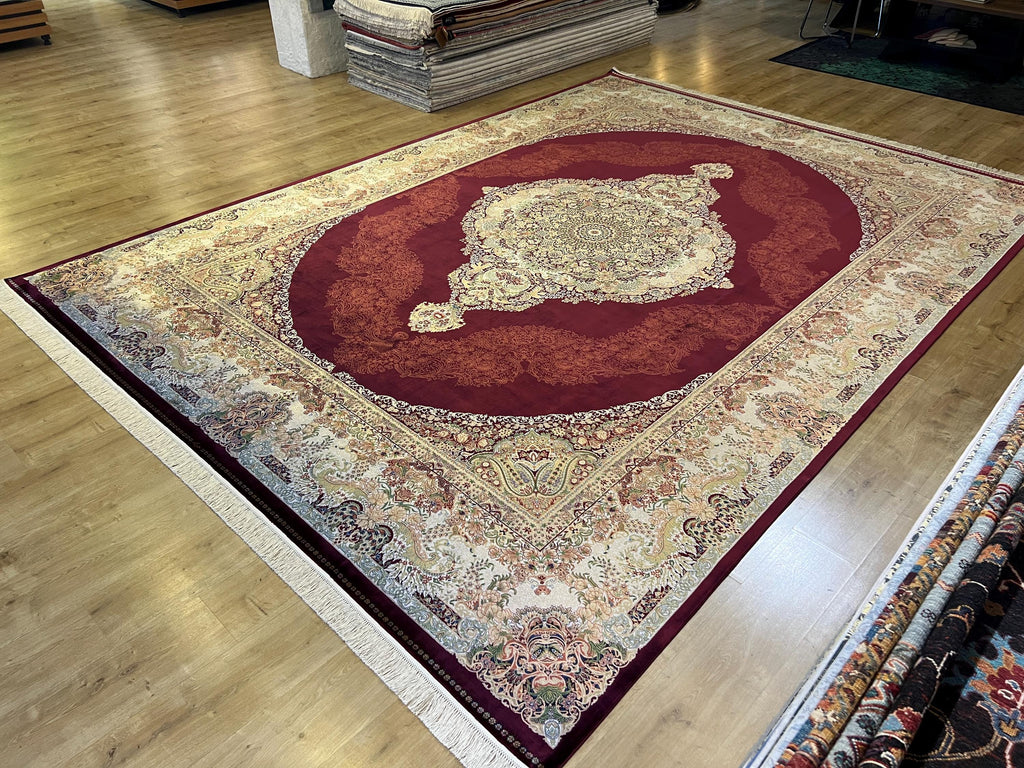 Red Gold Medallion Bamboo Silk Rug, 10x13 ft, Large Area Rug, Luxury Home Decor