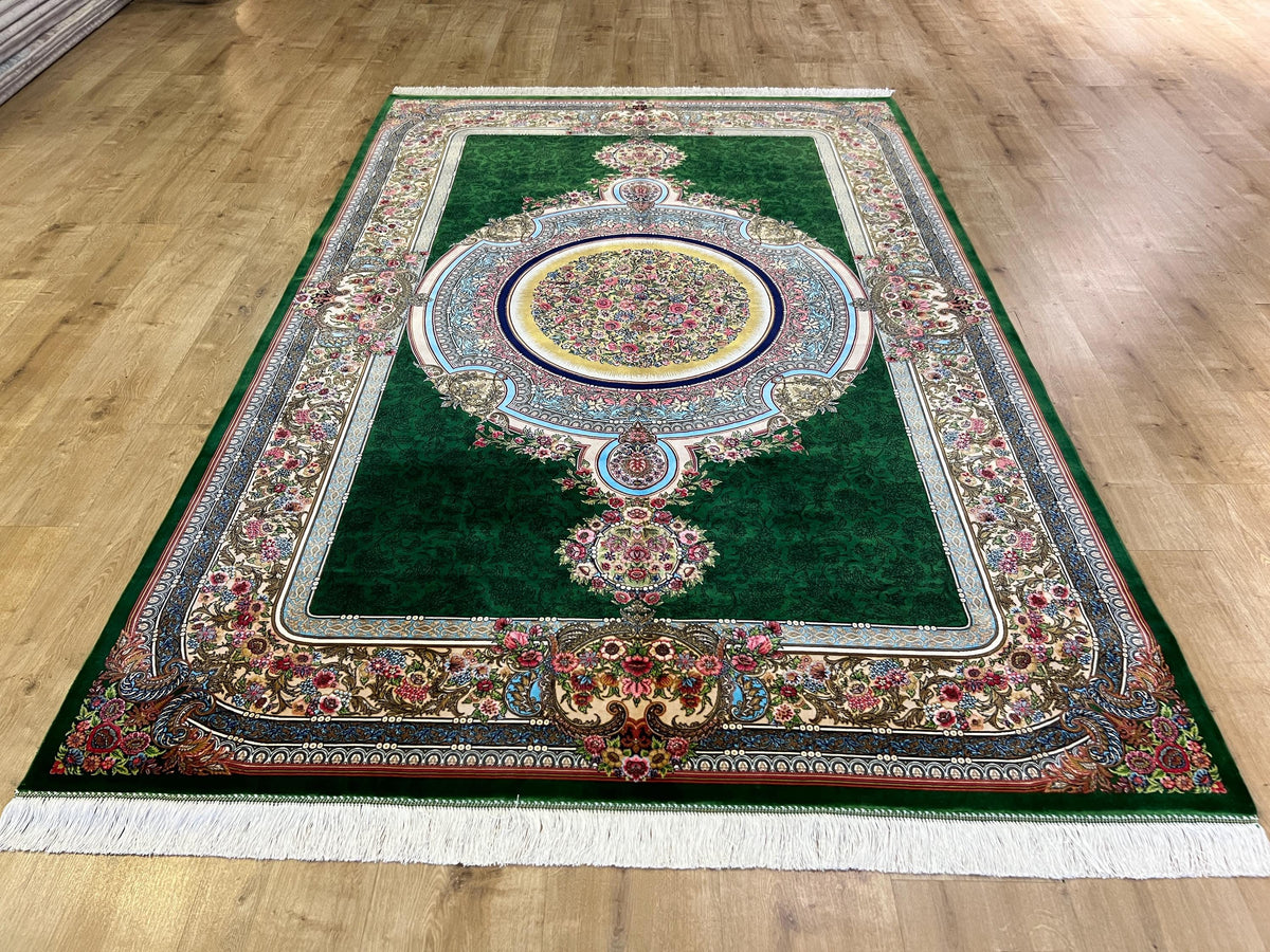Luxury Green Silk Rug With Floral Border and Medallion