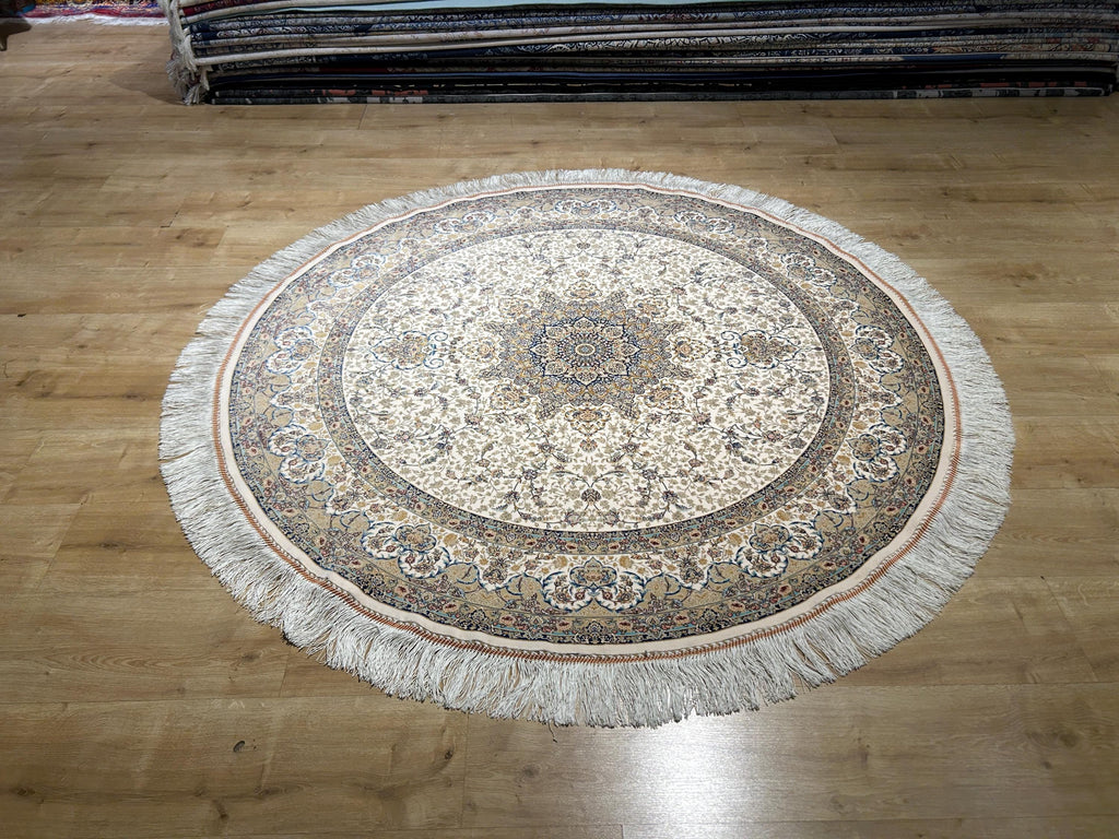 5x5 ft Ivory Blue Beige Round Silk Rug, Classic Turkish Medallion Design Carpet