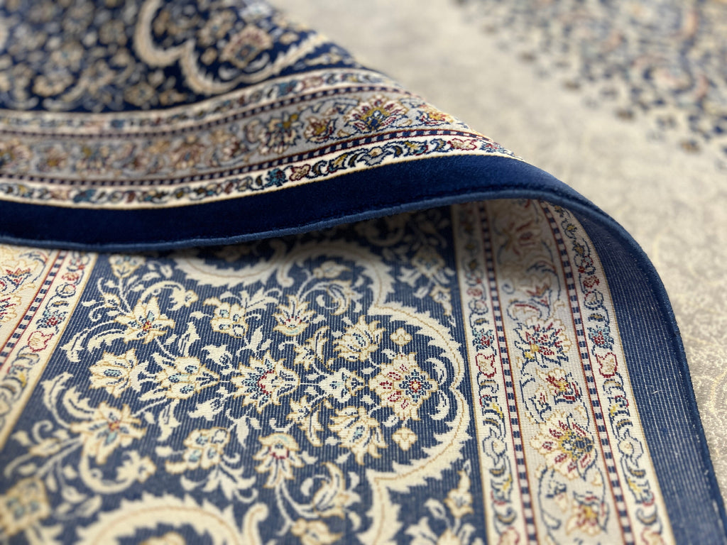 7x10 ft Grey Silk Rug, Navy Medallion and Border, Classic Design