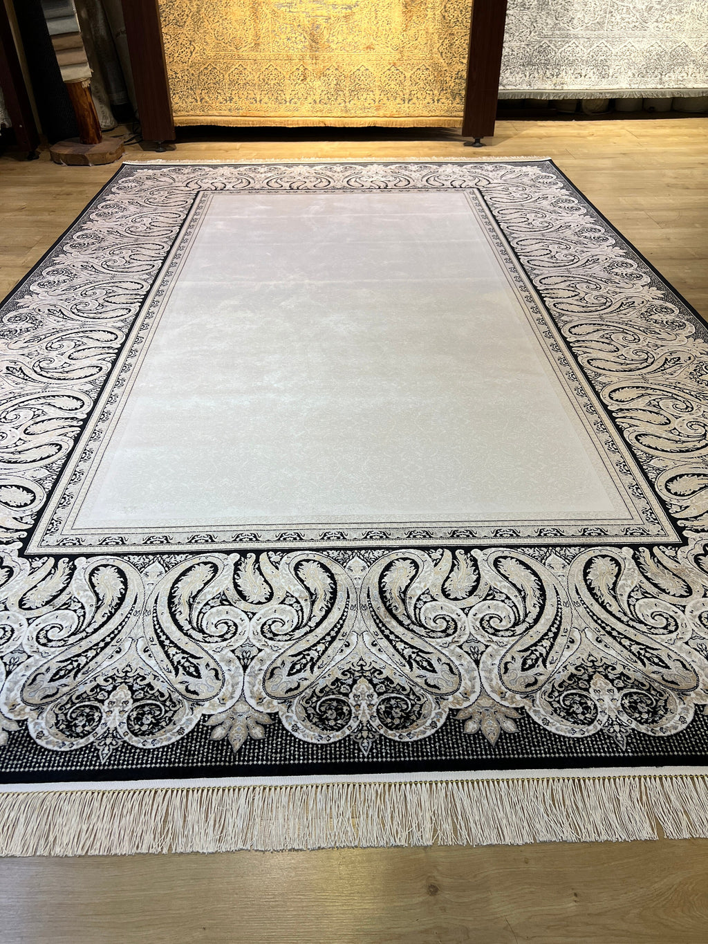 Cream Silk Rug, Black Framed Elegant Style, Luxury Home Decor