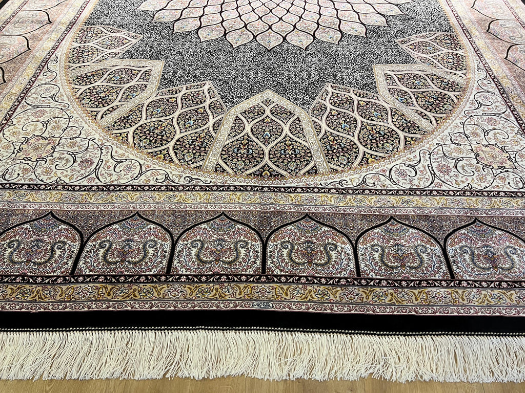 Black Silk Rug, Ivory Medallion Floral Design, Luxury Classic Carpet