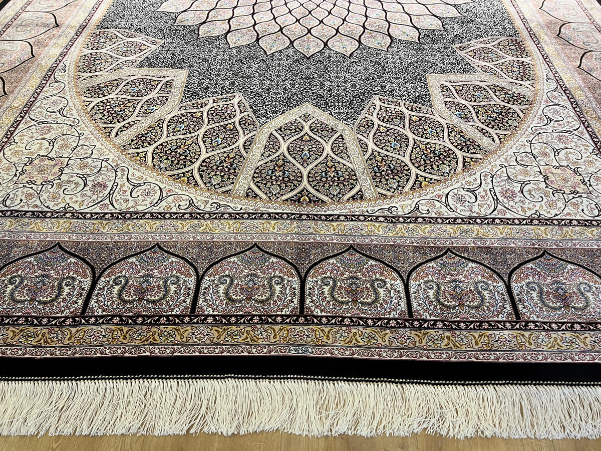 Black Silk Rug, Ivory Medallion Floral Design, Luxury Classic Carpet