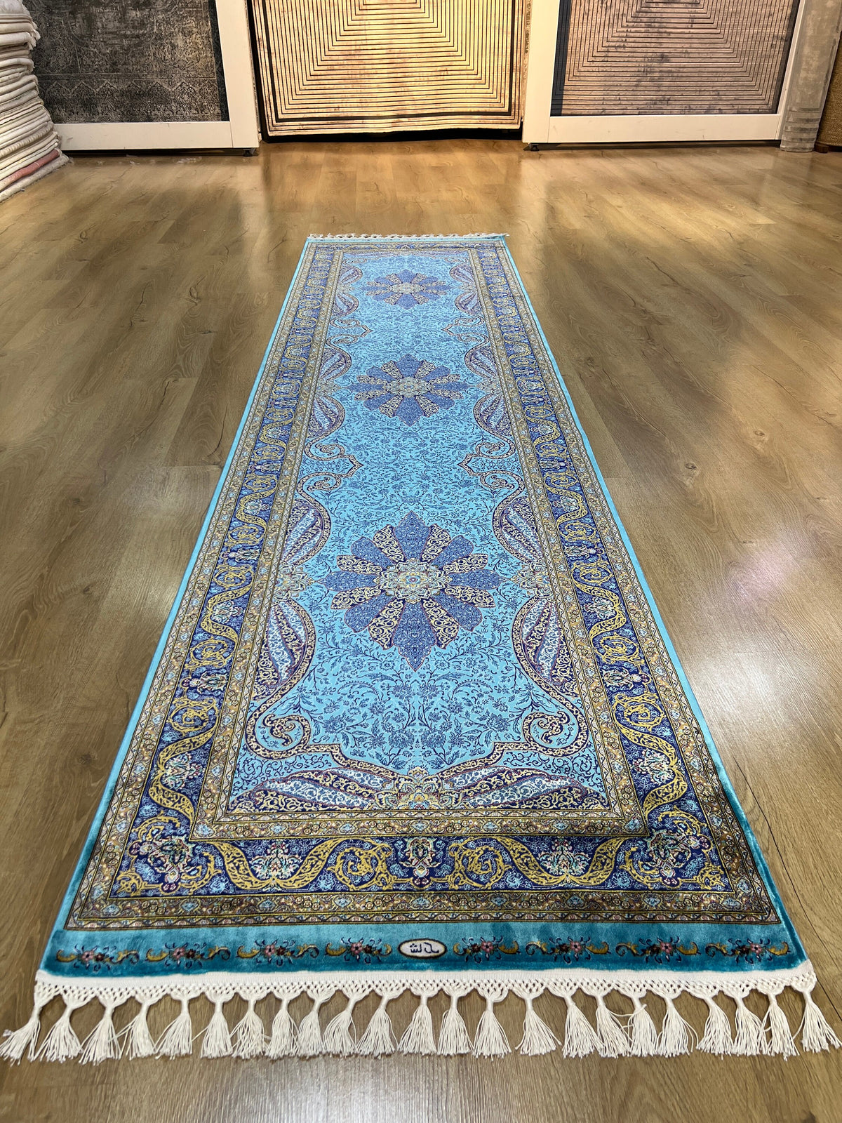 3x10 ft Blue Gold Medallion Silk Runner Rug, Turkish Home Luxury Style