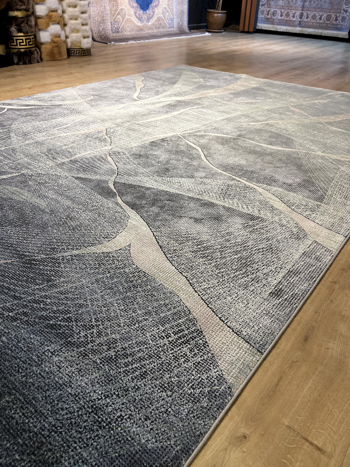 7x10 ft Gray Green Bamboo Rug with Abstract Modern Design