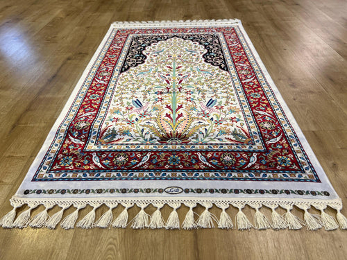 2.62X4.10 ft Ivory Red Silk Prayer Rug, Luxury Muslim Janamaz Mat