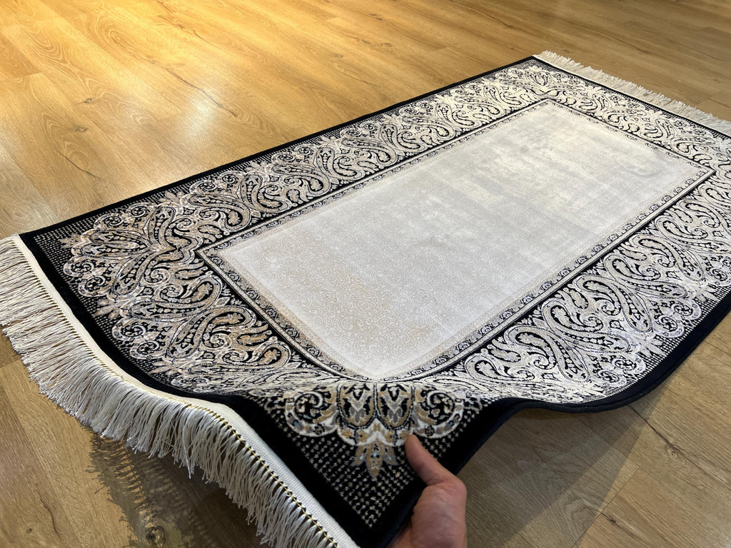 Cream Silk Rug with Black Border, 3x5 ft, Classic Luxury Small Rug