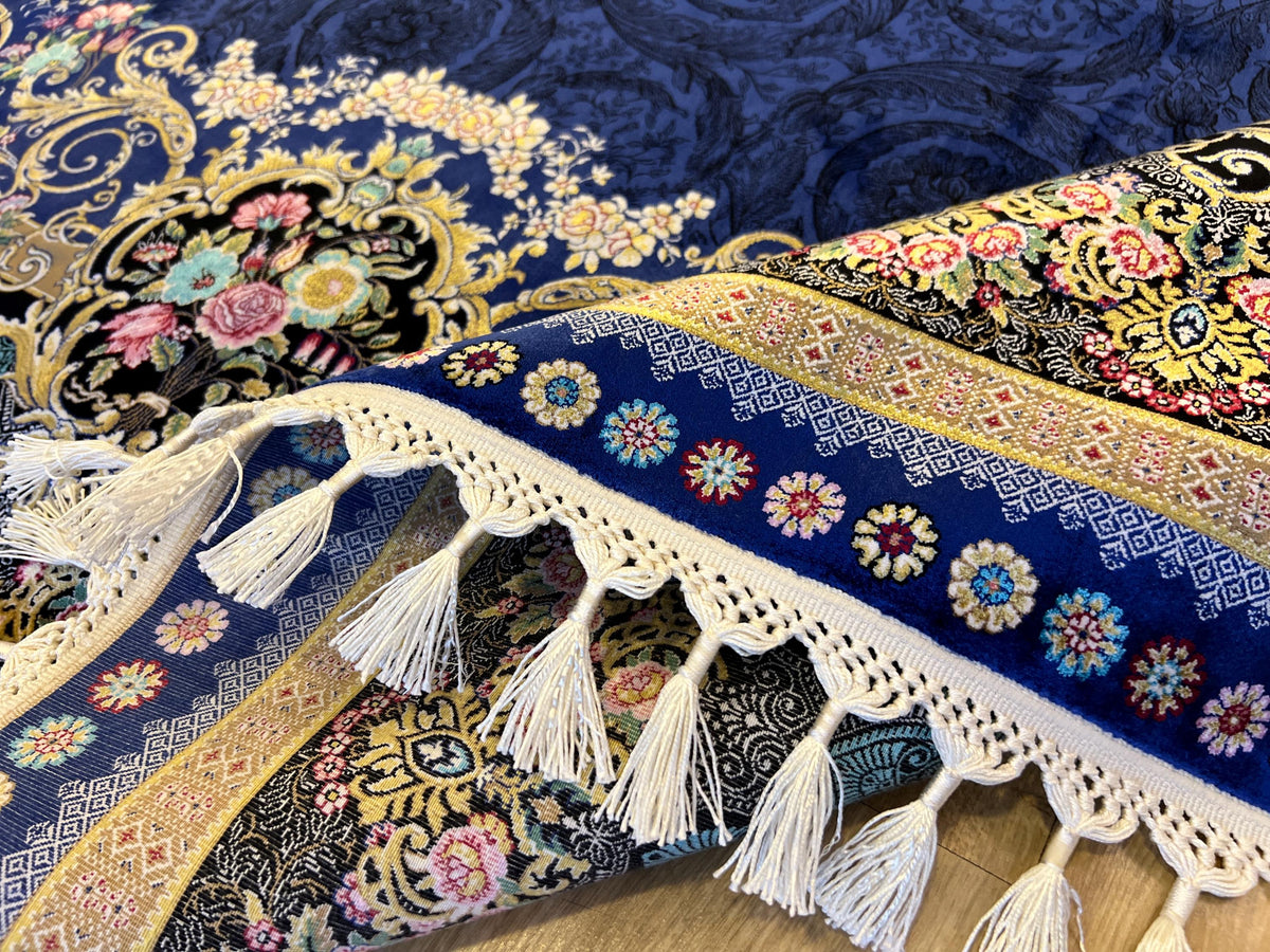 7x10 ft Navy Blue Silk Rug with Floral Medallion, Classic Turkish Style