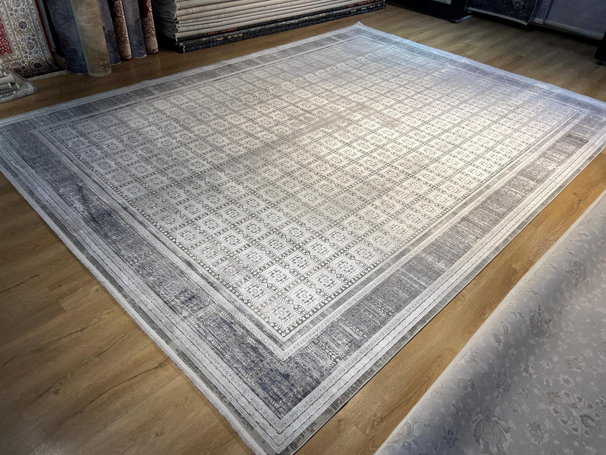10x13 ft Gray Traditional Ethnic Geometric Bamboo Rug with Border