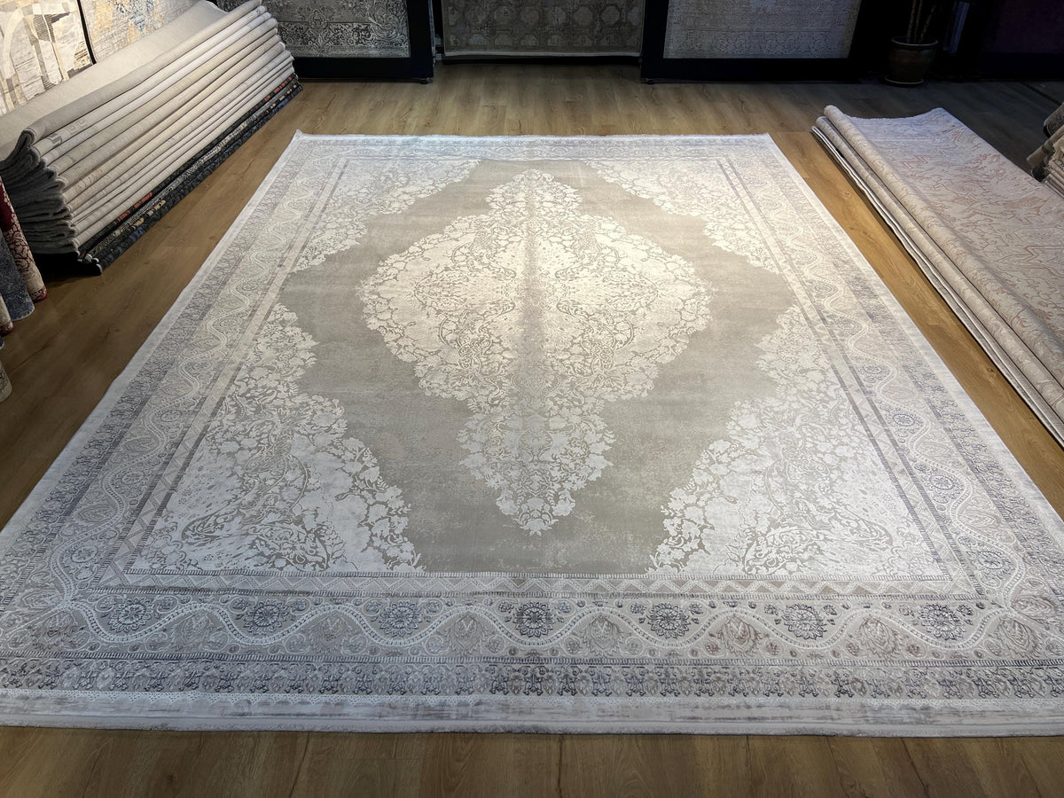 Gray Bamboo Rug, 10x13 ft, Large Classic Medallion Design Area Rug