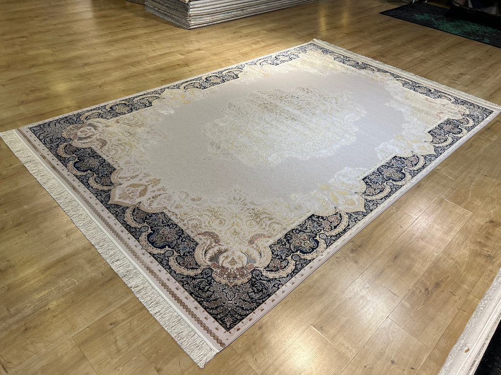 7x10 ft Modal Silk Turkish Rug, Gold & Blue Carpet