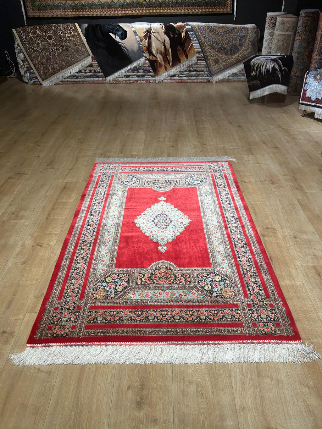 Red Silk Rug, Floral Medallion and Border Design Classic Luxury Silk Carpet