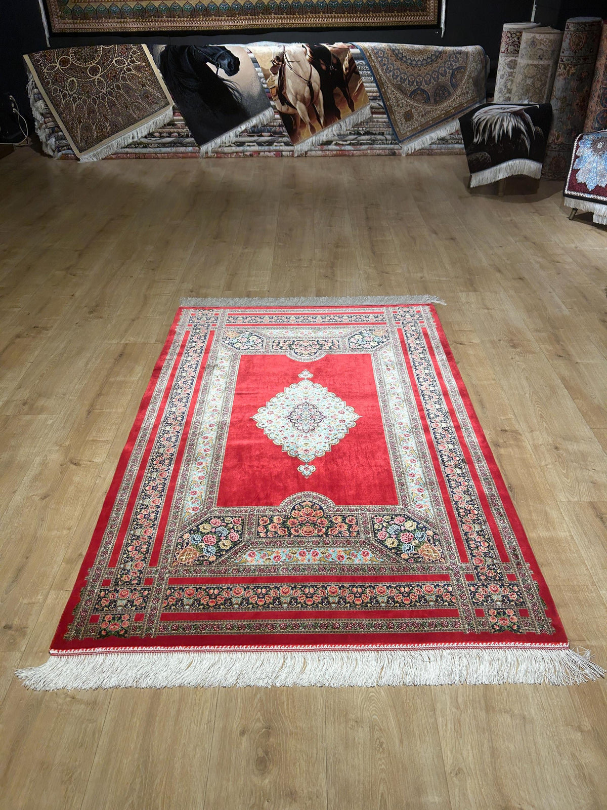 Red Silk Rug, Floral Medallion and Border Design Classic Luxury Silk Carpet