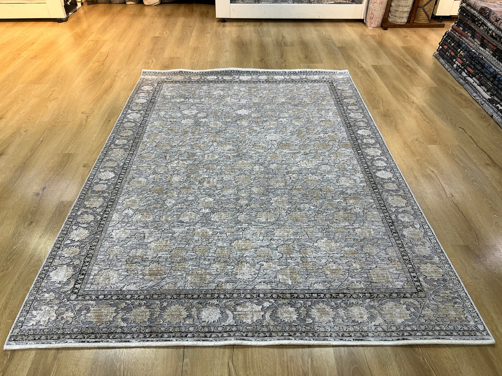Gray Bamboo Rug, Turkish Floral Carpet, 5x8 ft