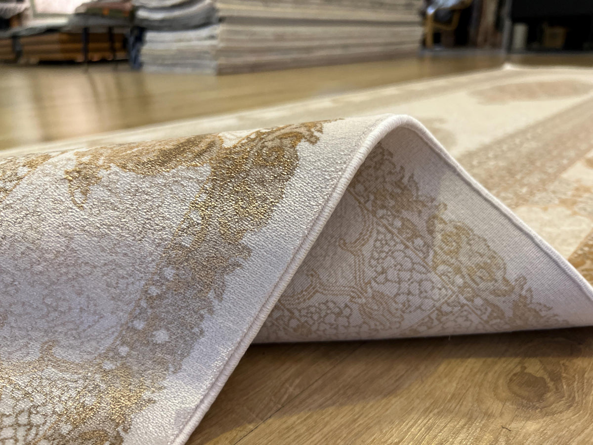 Cream Gold Medallion Silk Runner Rug, 3x10 ft, Classic Luxury Hallway Rug