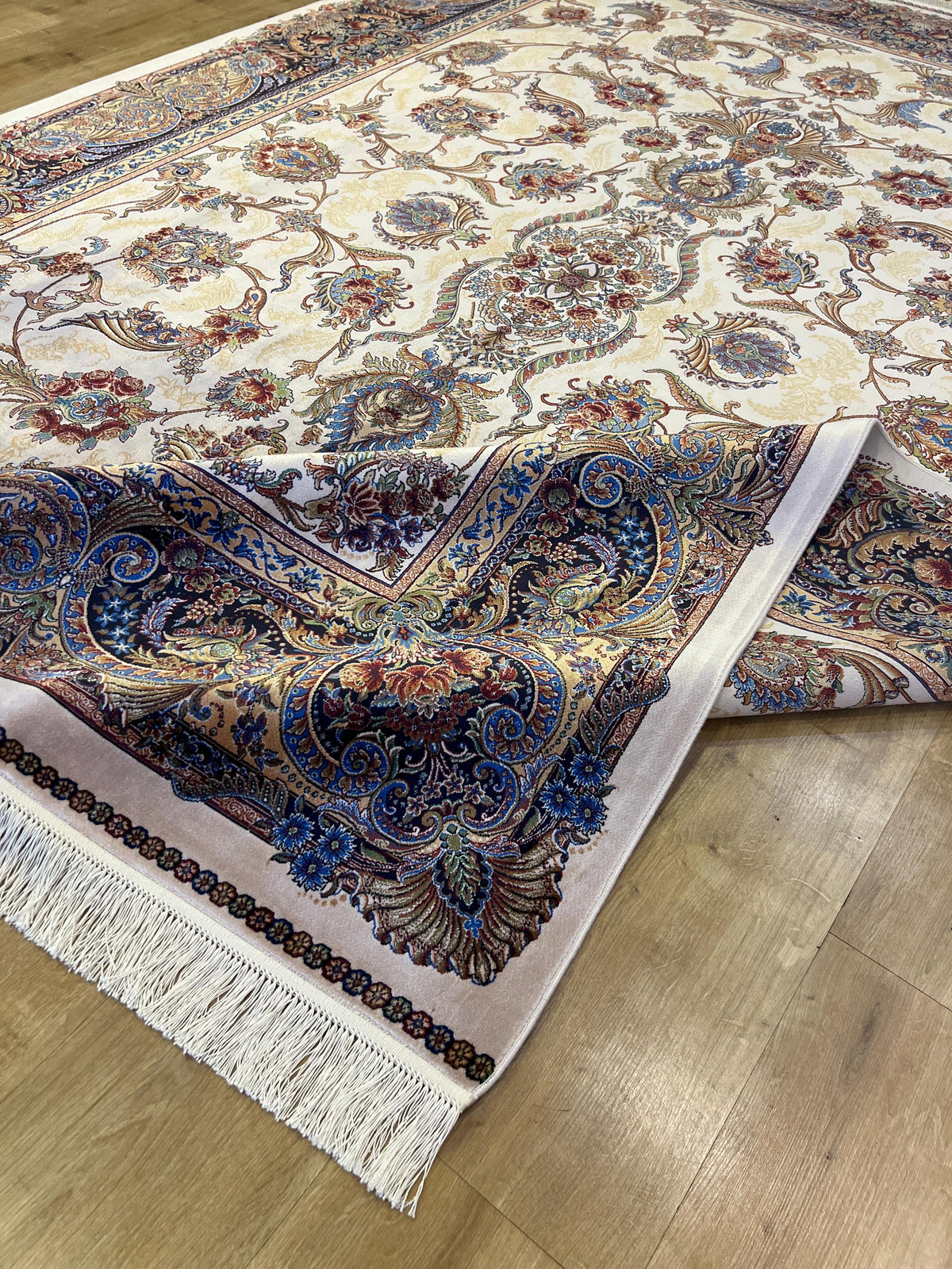 7x10 ft Ivory Silk Rug, Navy Border Classic Turkish Style, Oversize Rug