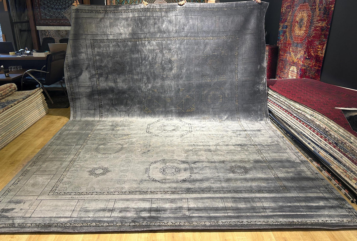 10x13 ft Smoked Gray Bamboo Rug, Distressed Pattern, Modern Rug