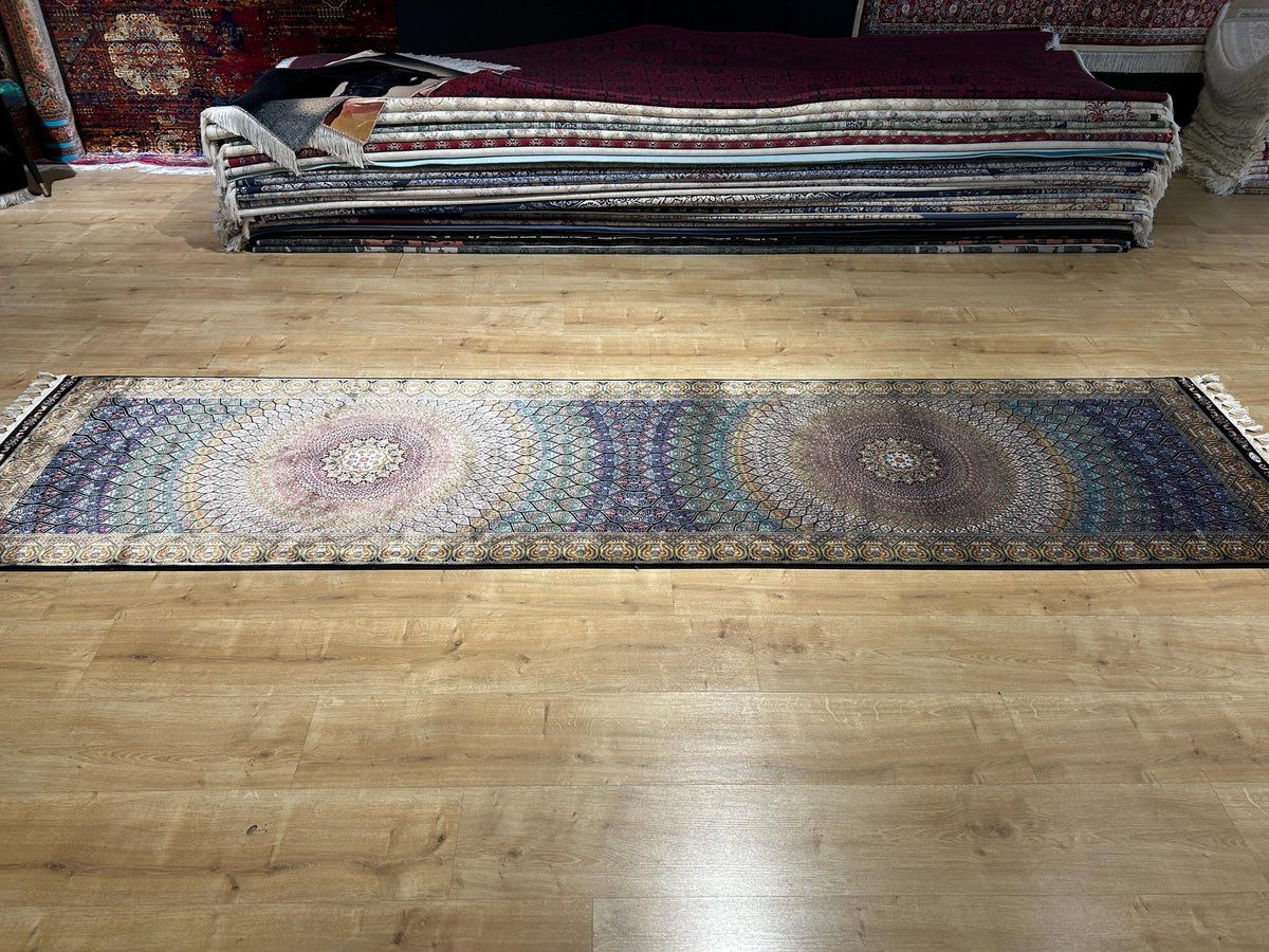 Blue Gold Silk Runner Rug, Medallion Peacock Tail Design Rug, Traditional Carpet