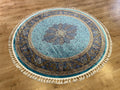 5x5 Ft Round Blue Gold Silk Rug, Medallion Design, Classic Luxury Area Rug