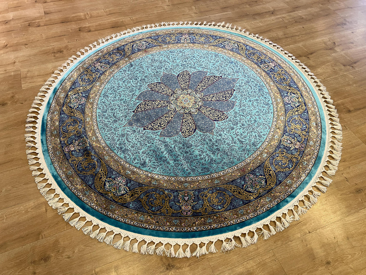 5x5 Ft Round Blue Gold Silk Rug, Medallion Design, Classic Luxury Area Rug