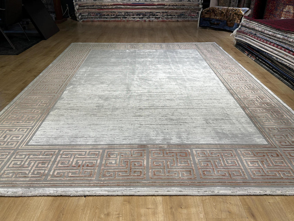 8x10 ft Brick Colour Gray Cream Bamboo Rug, Bordered Minimalist Modern Rug