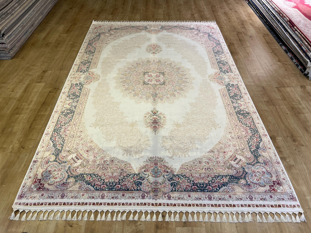 5x8 ft Blue Cream Luxury Silk Rug, Classic Turkish Style Carpet