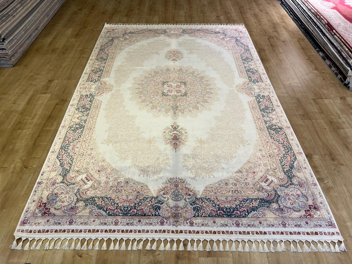 5x8 ft Blue Cream Luxury Silk Rug, Classic Turkish Style Carpet