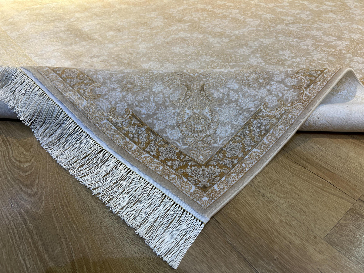 Cream Gold Silk Rug, Floral Pattern Classic Turkish Carpet
