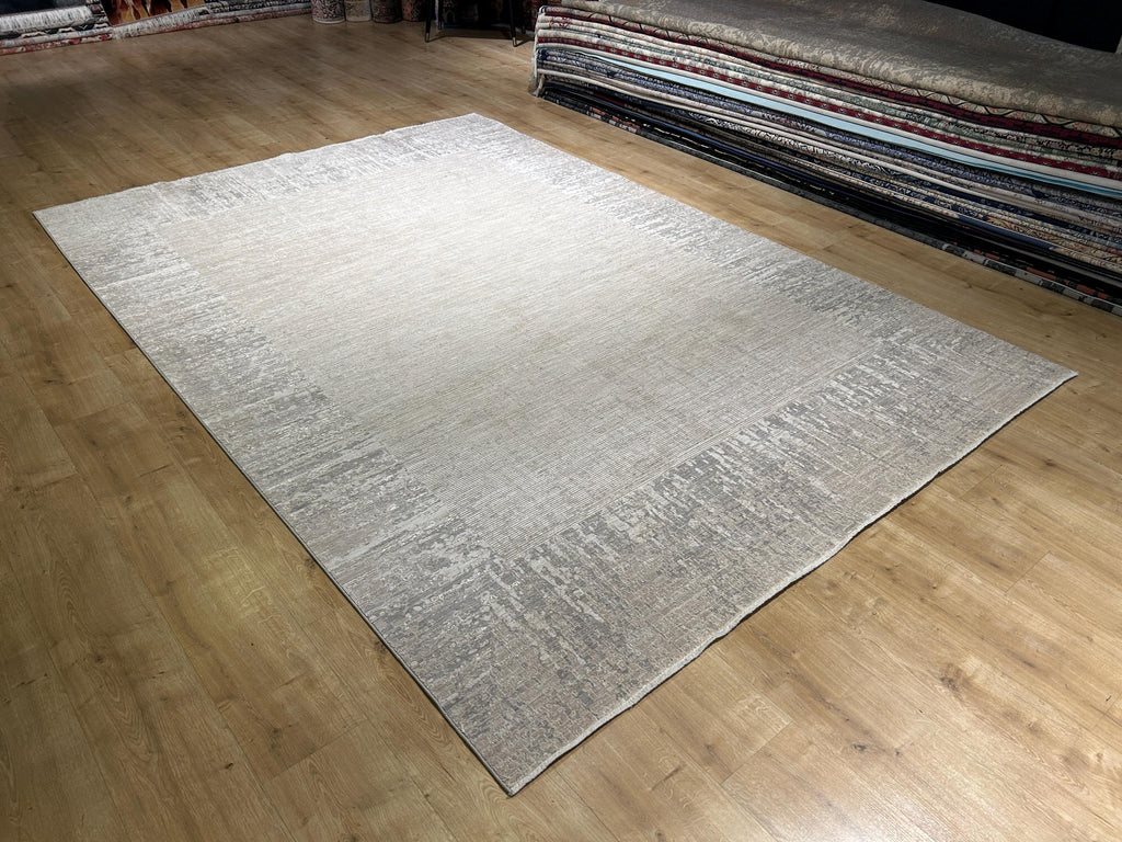 Beige Gray Bamboo Rug with Bordered Modern Patterns