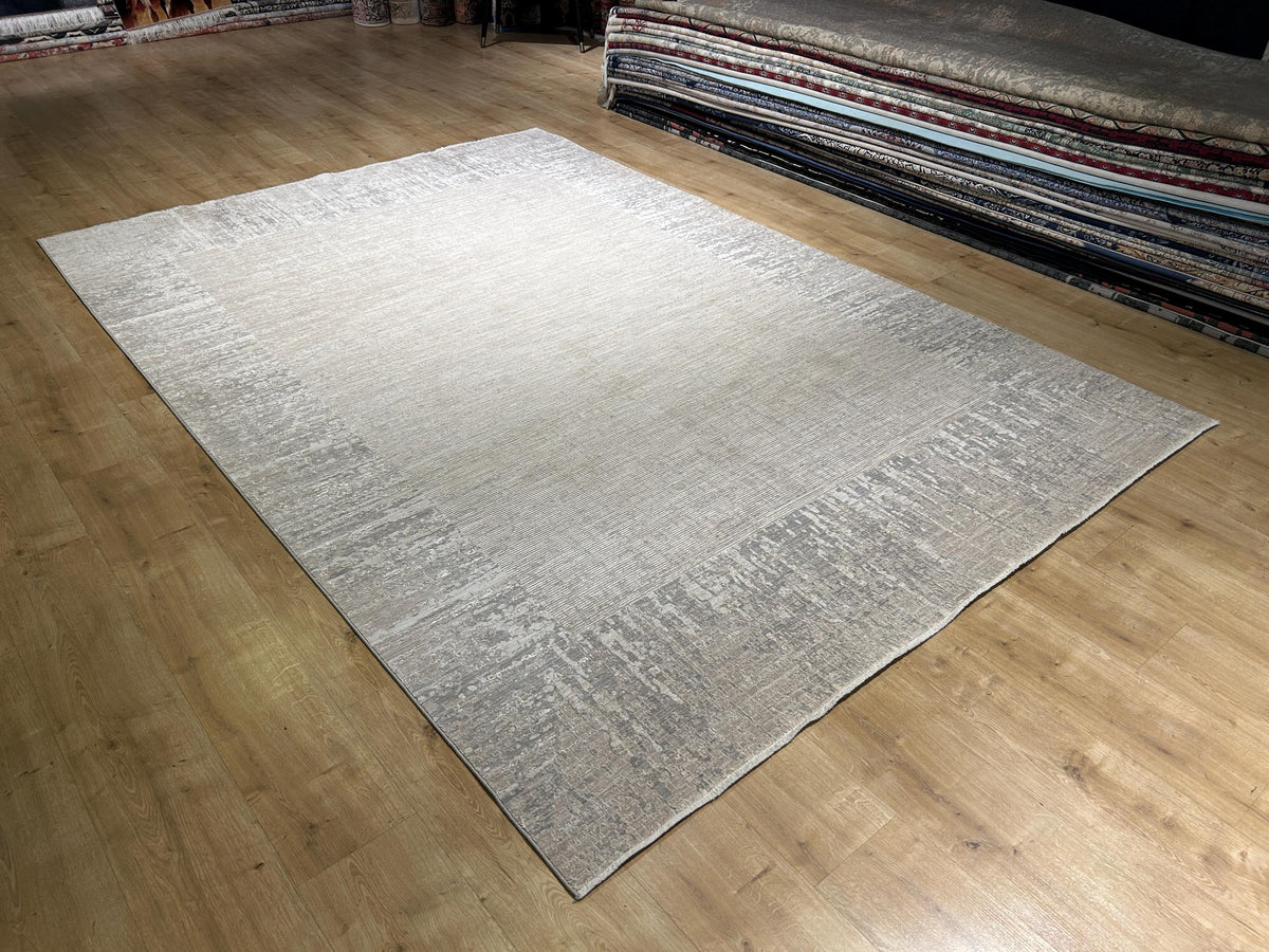 Beige Gray Bamboo Rug with Bordered Modern Patterns