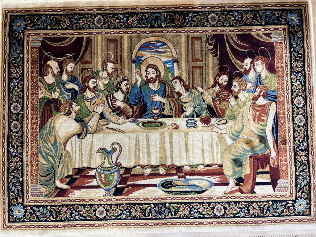 Modal Silk Tapestry Rug, The Last Supper, Religious Wall Decor (1.64X2.29 ft)
