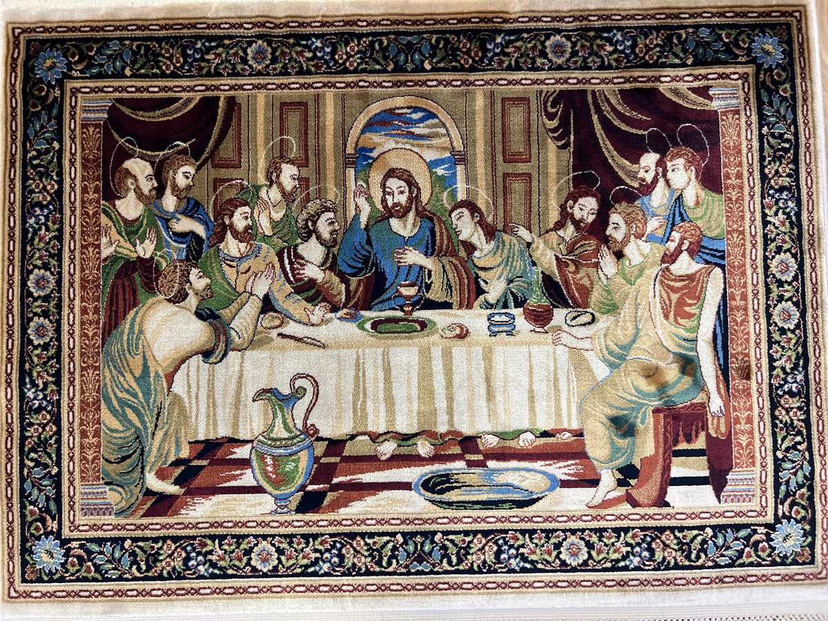 Modal Silk Tapestry Rug, The Last Supper, Religious Wall Decor (1.64X2.29 ft)