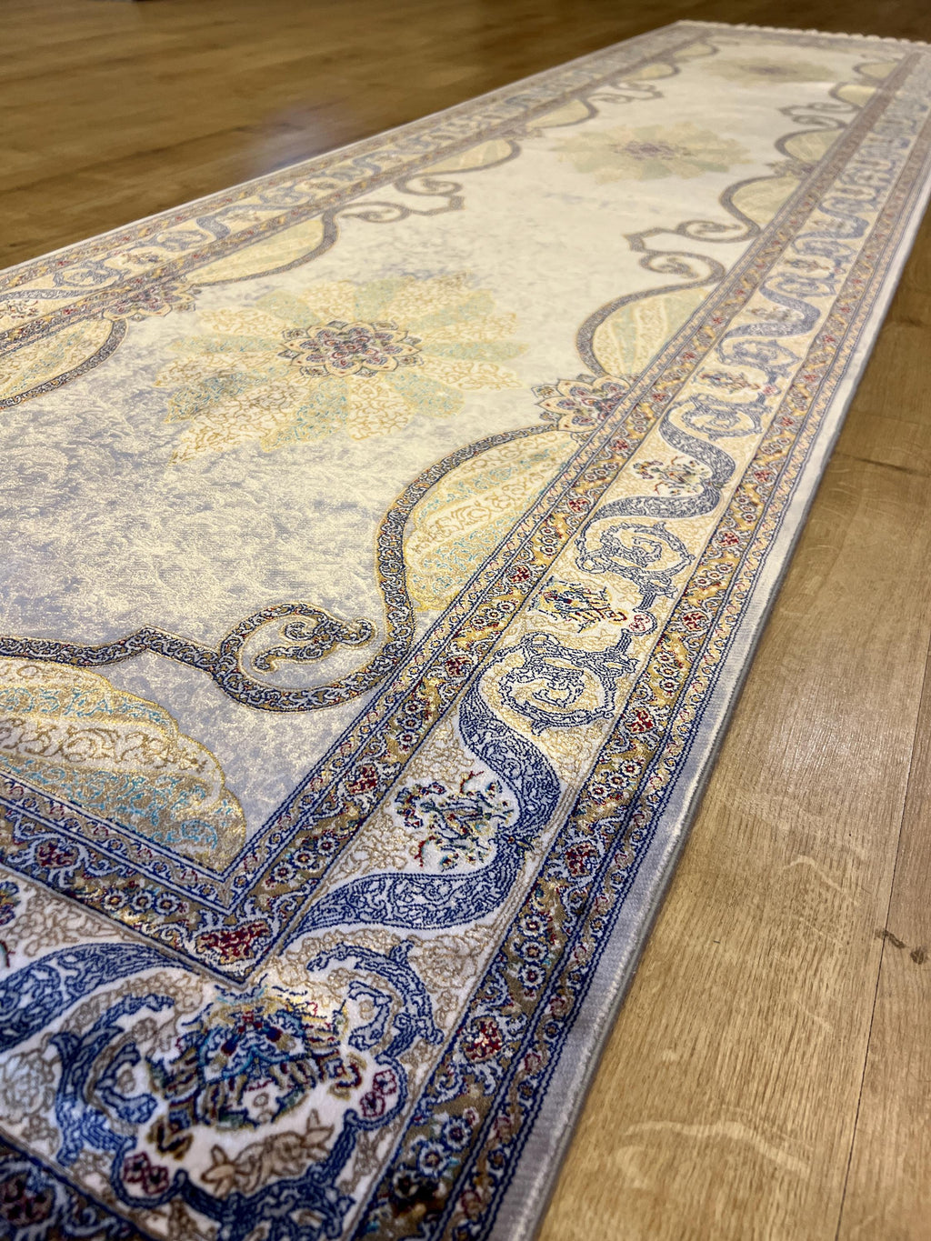 Gray Gold Medallion Silk Runner Rug, 3x10 ft, Classic Luxury Hallway Rug