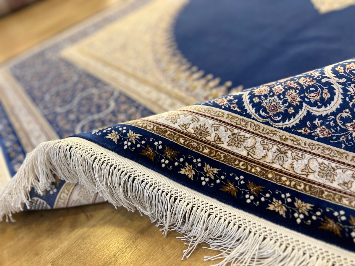 7x10 ft Elegant Silk Rug, Navy Ground Gold Medallion Classic Design