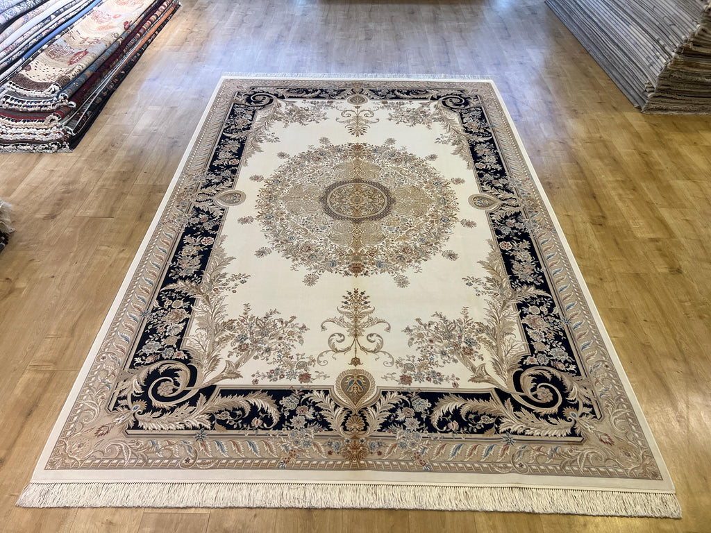 Ivory Silk Rug with Navy Blue Border Gold Medallion, Classic Turkish Rug