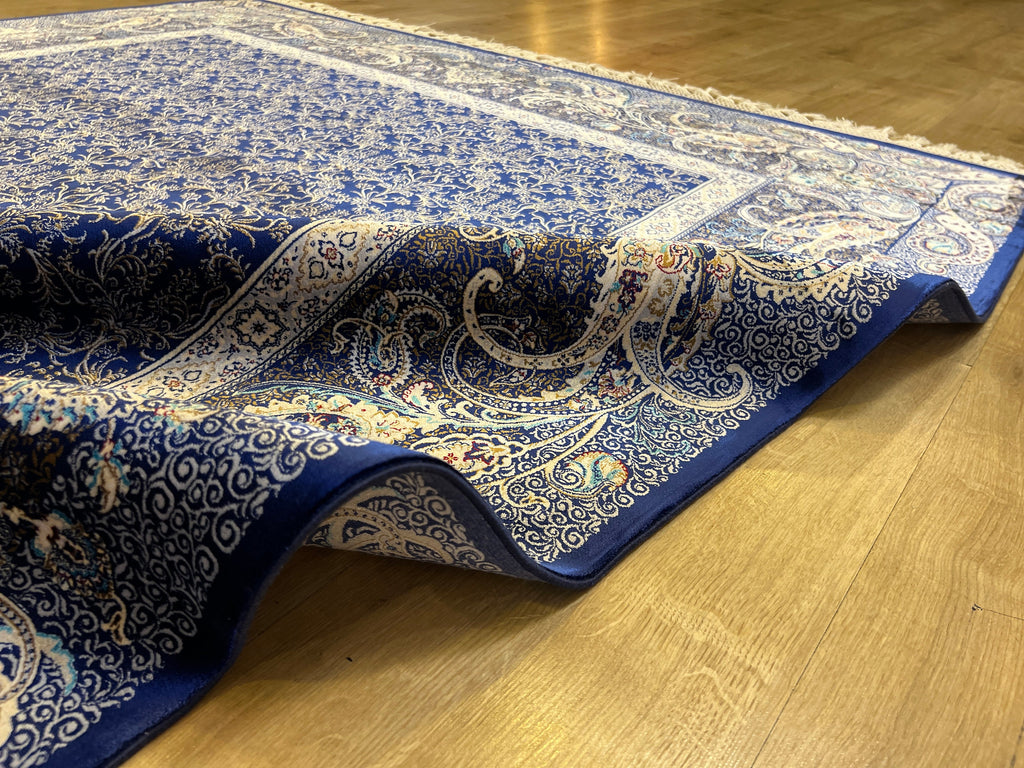 Dark Blue Silk Rug, Bordered Classic Turkish Carpet