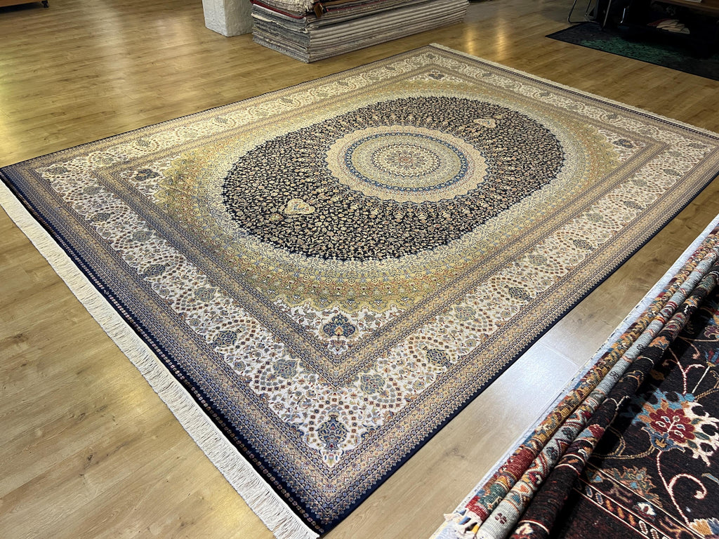Bamboo Silk Navy Blue Rug 10x13 ft, Luxury Large Rug with Classic Medallion Design