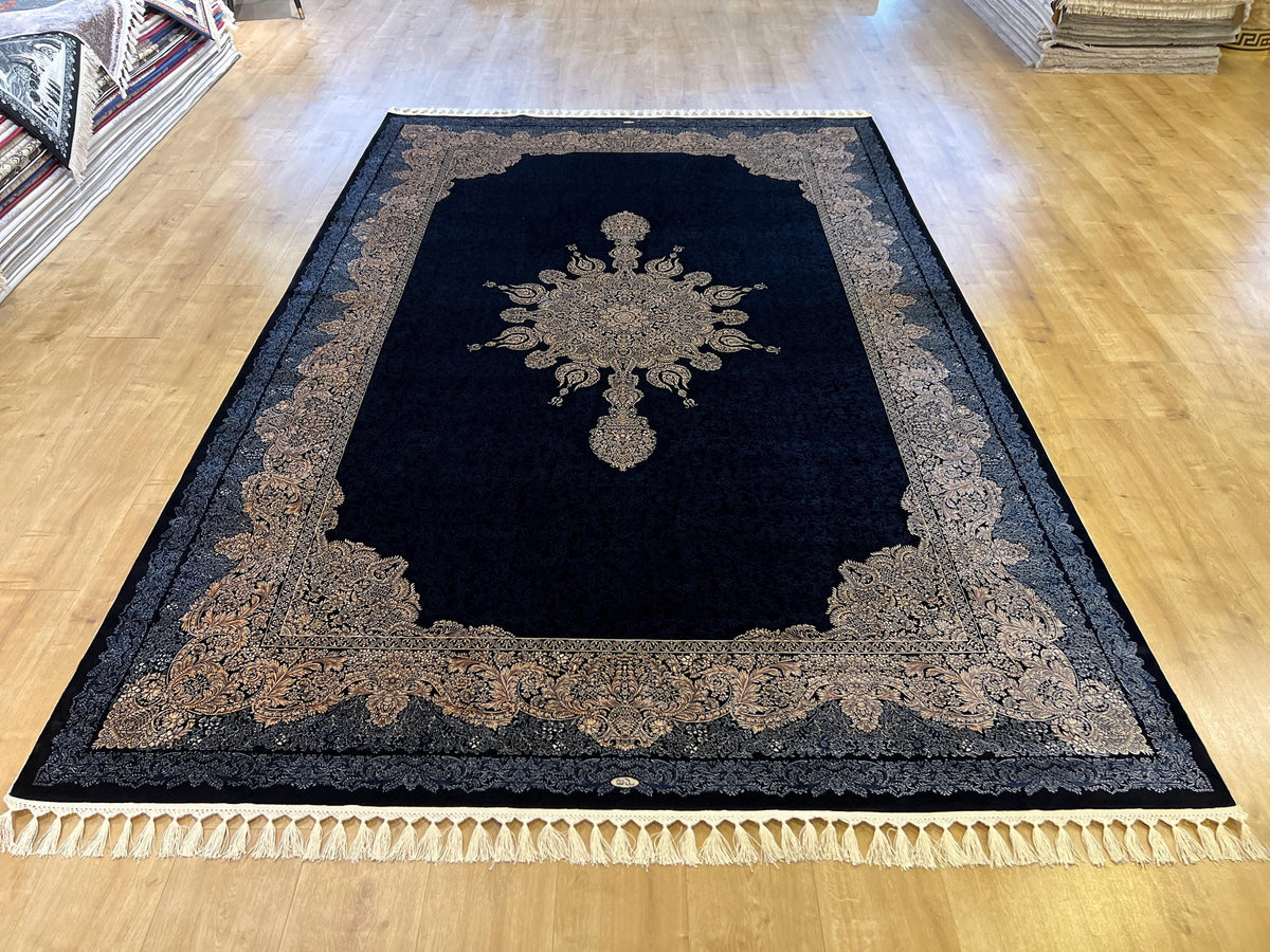 7x10 ft Navy Silk Rug, Classic Medallion Design, Luxury Turkish Carpet