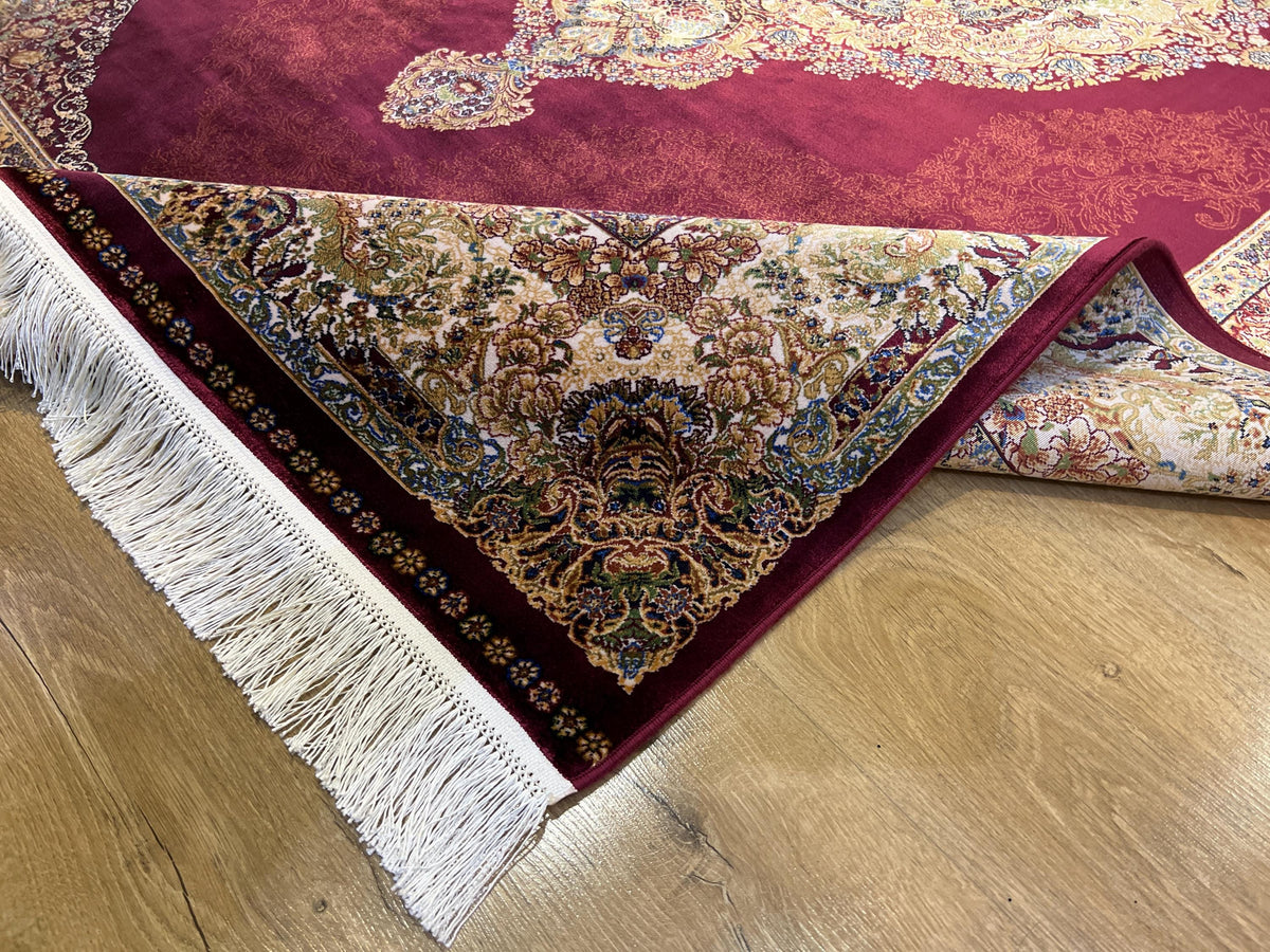 5x8 ft Red Silk Rug, Gold Green Floral Medallion, Elegant Turkish Carpet