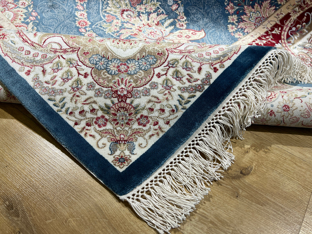 7x10 ft Blue Gold Silk Rug, Framed Classic Design, Turkish Style Carpet