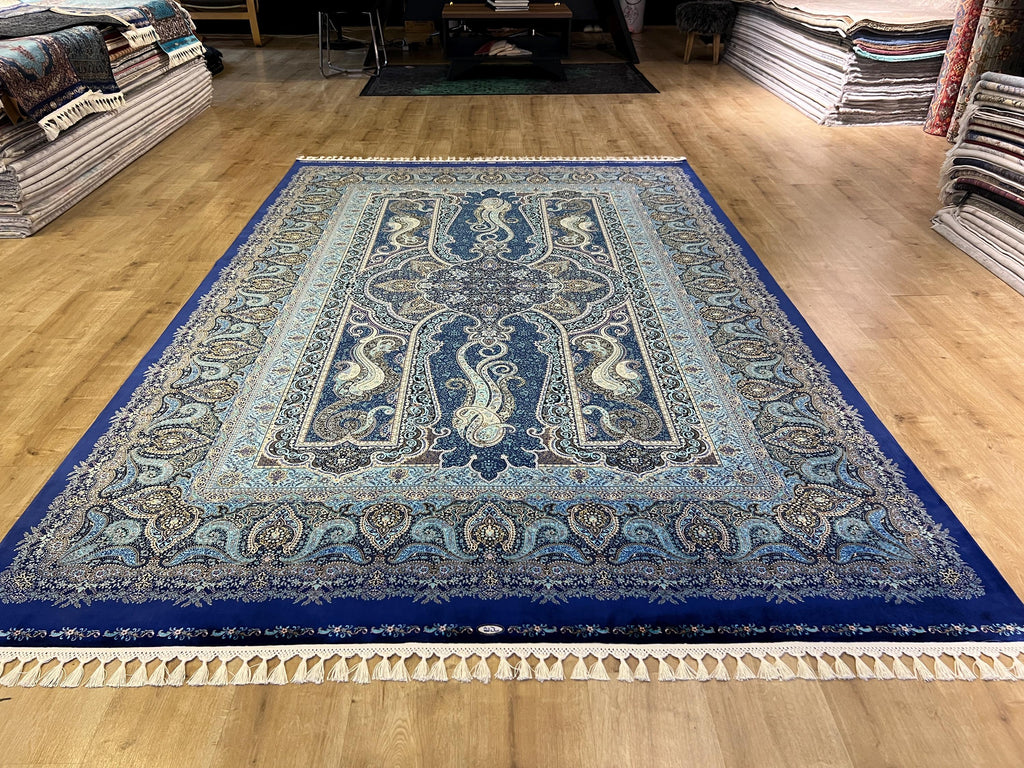 Navy Blue Classic Medallion Design Silk Rug, Traditional Turkish Style